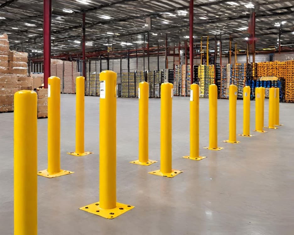 Warehouse safety bollard protecting a rack upright from forklift impact in a Pennsylvania warehouse
